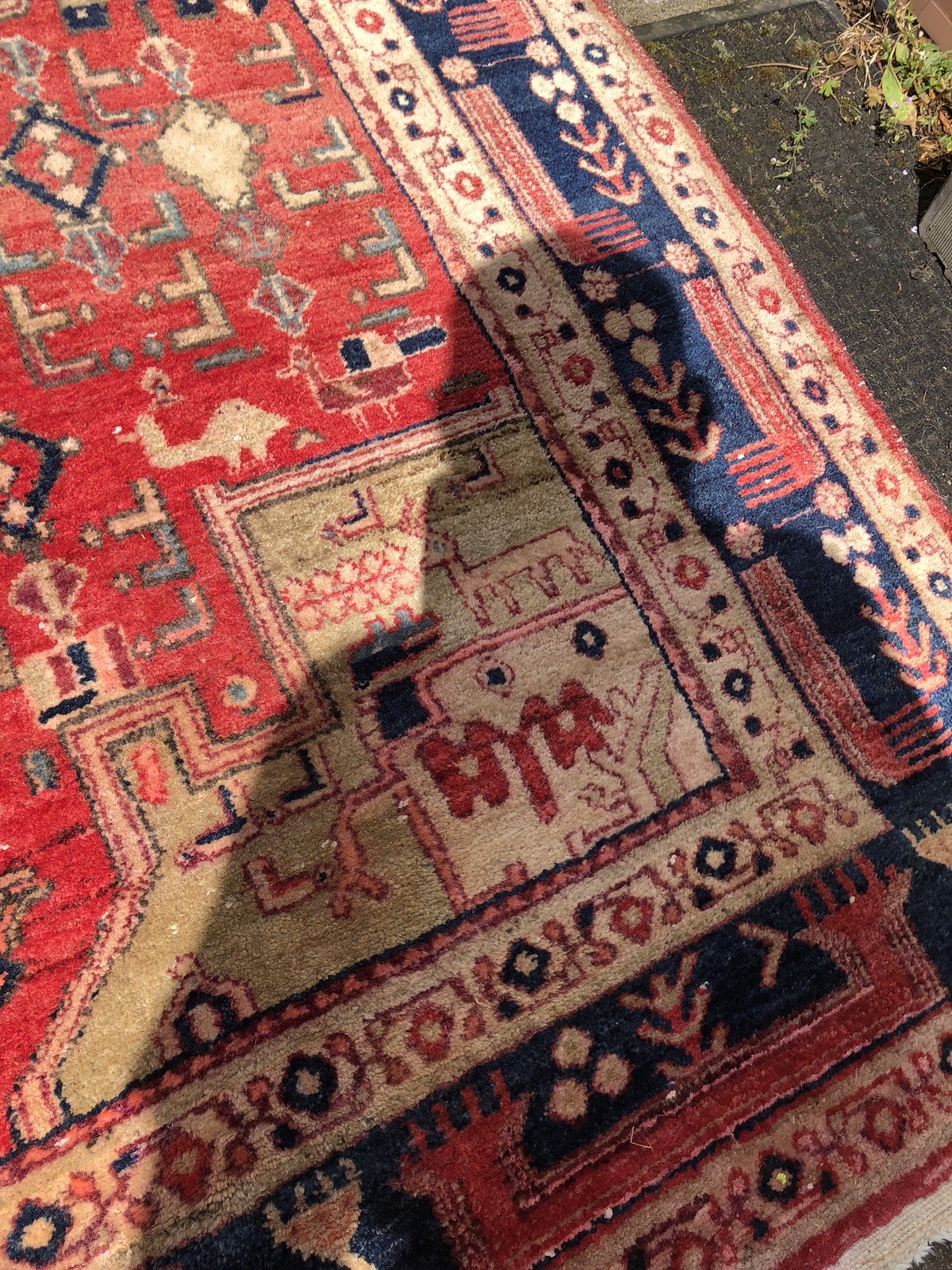 Afghan rug Antique vintage Turkmen pictorial hand woven distressed 84″ x 59″