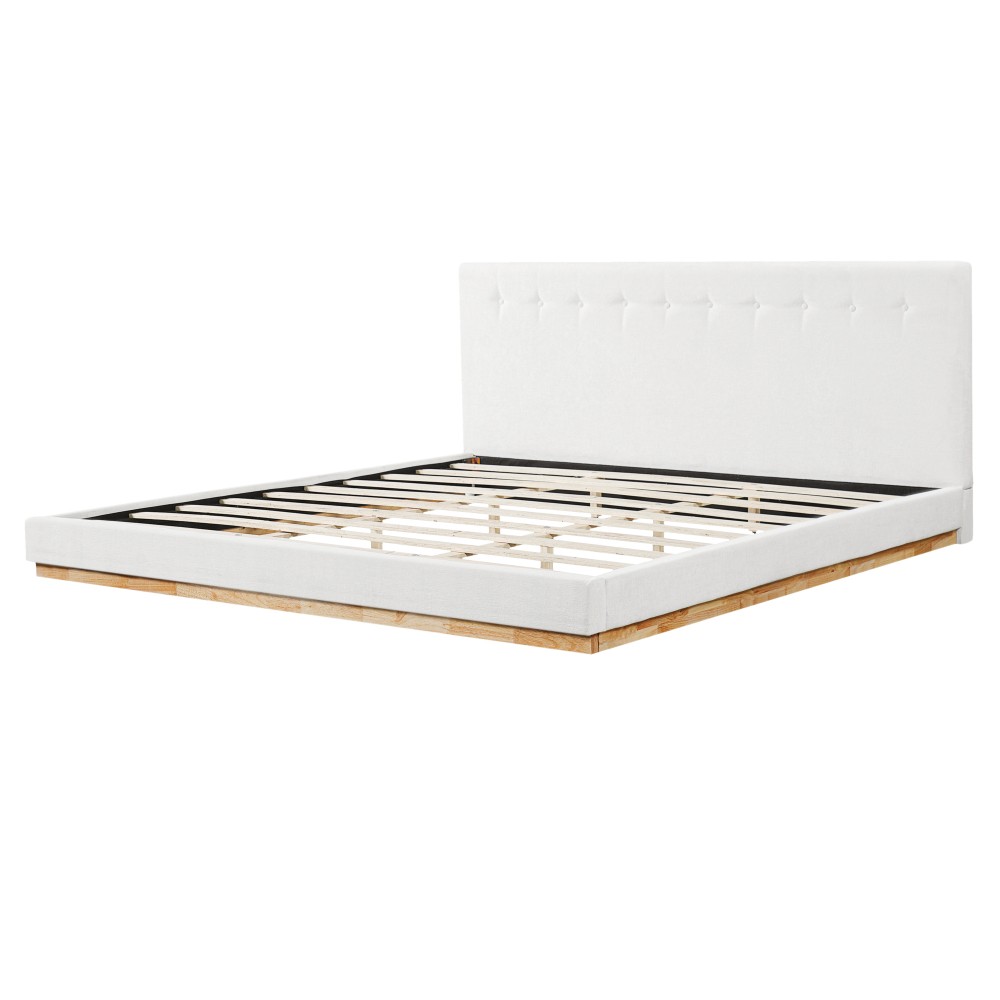 Solid Rubber Wood Platform Bed with Upholstered Headboard, Modern Tufted Design