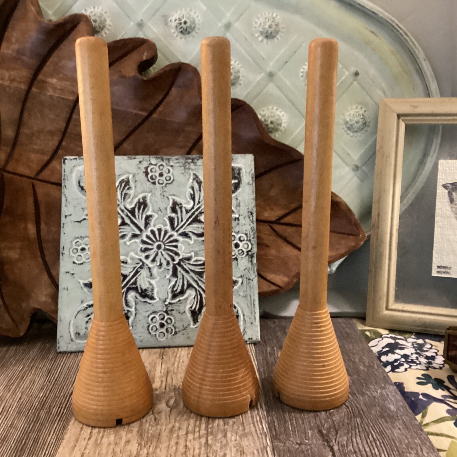 3 Vintage Industrial bobbins spools 10” Wood Farm PRIMITIVE Decor Natural Wood