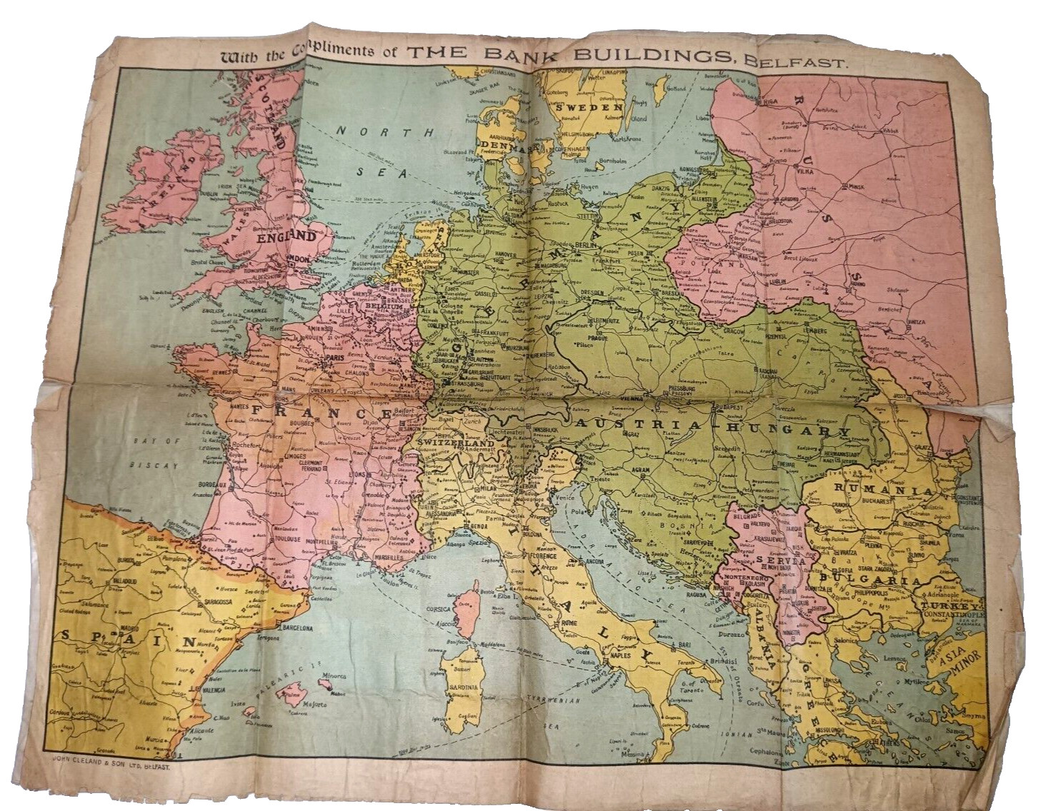 Antique Europe Map John Cleland & Son With Compliments of Bank Buildings Belfast