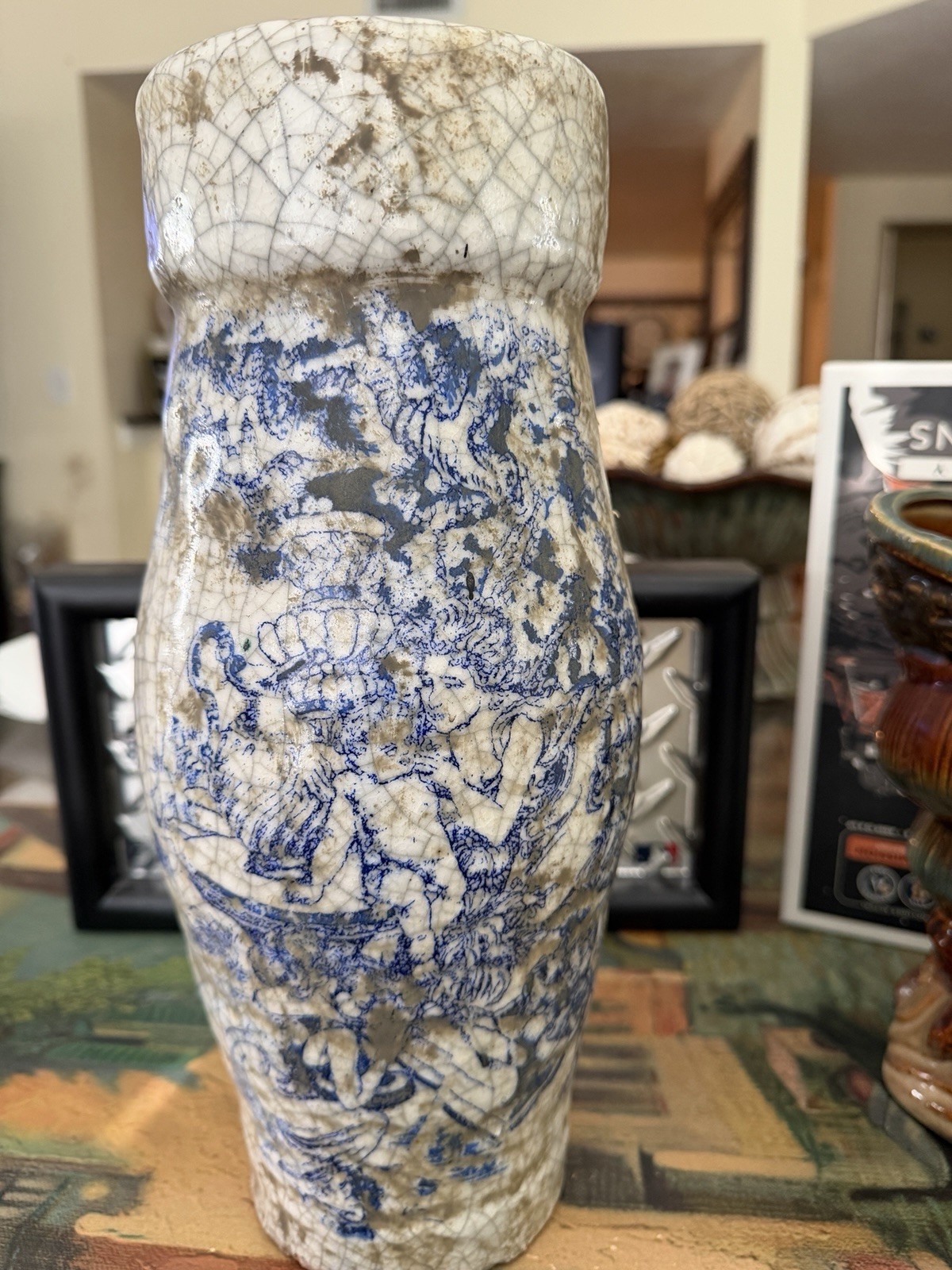 Important Rare Antique 1700’s Mother And Child Blue & White Crackle Glaze Vase