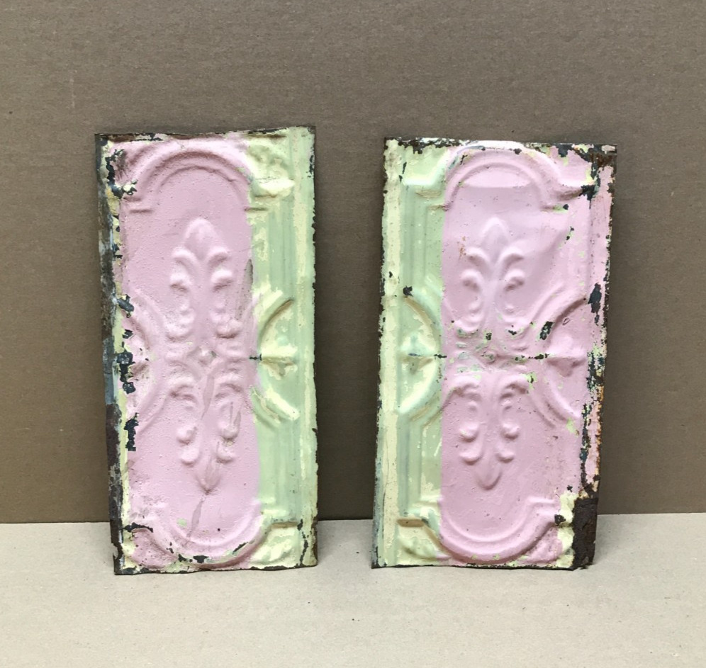 Antique Pair 6″ x 12″ Tin Ceiling Fleur De Lis Shabby Panels Chic VTG 1104-26B