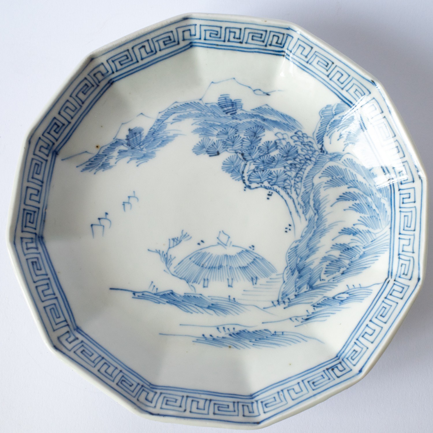 Antique Japanese 12 Sided Blue White Porcelain Dish With a Landscape Edo 19th C