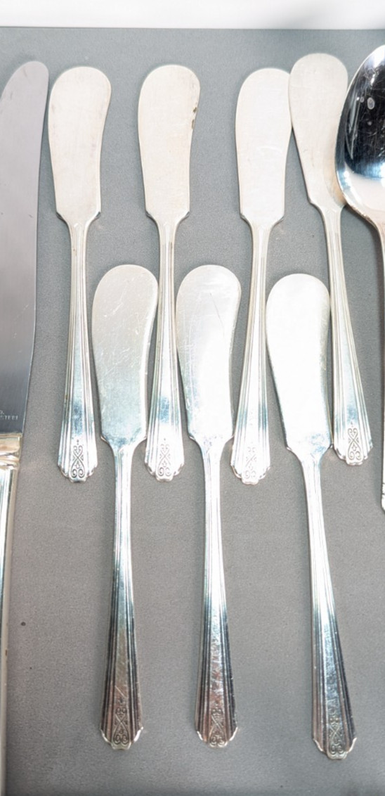 Moderne Silver Plate Flatware Partial Service for 8 + Serving Pieces Deco 47 Pcs