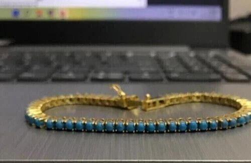 6 Ct Round Cut Lab Created Turquoise Tennis Bracelet 7.5″ 14k Yellow Gold Plated