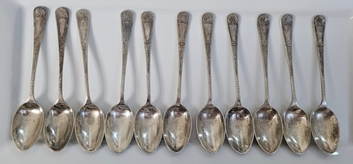 Set Eleventh Antique Silver Metal Spoons Unique Rare Vintage Special Stamp