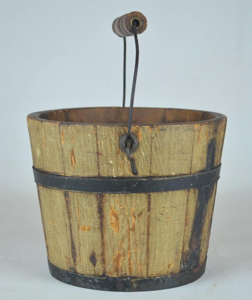 ANTIQUE PRIMITIVE WOODEN BUCKET SWING TURNED HANDLE-ADVERTISING J.W. WIND 5 1/2″