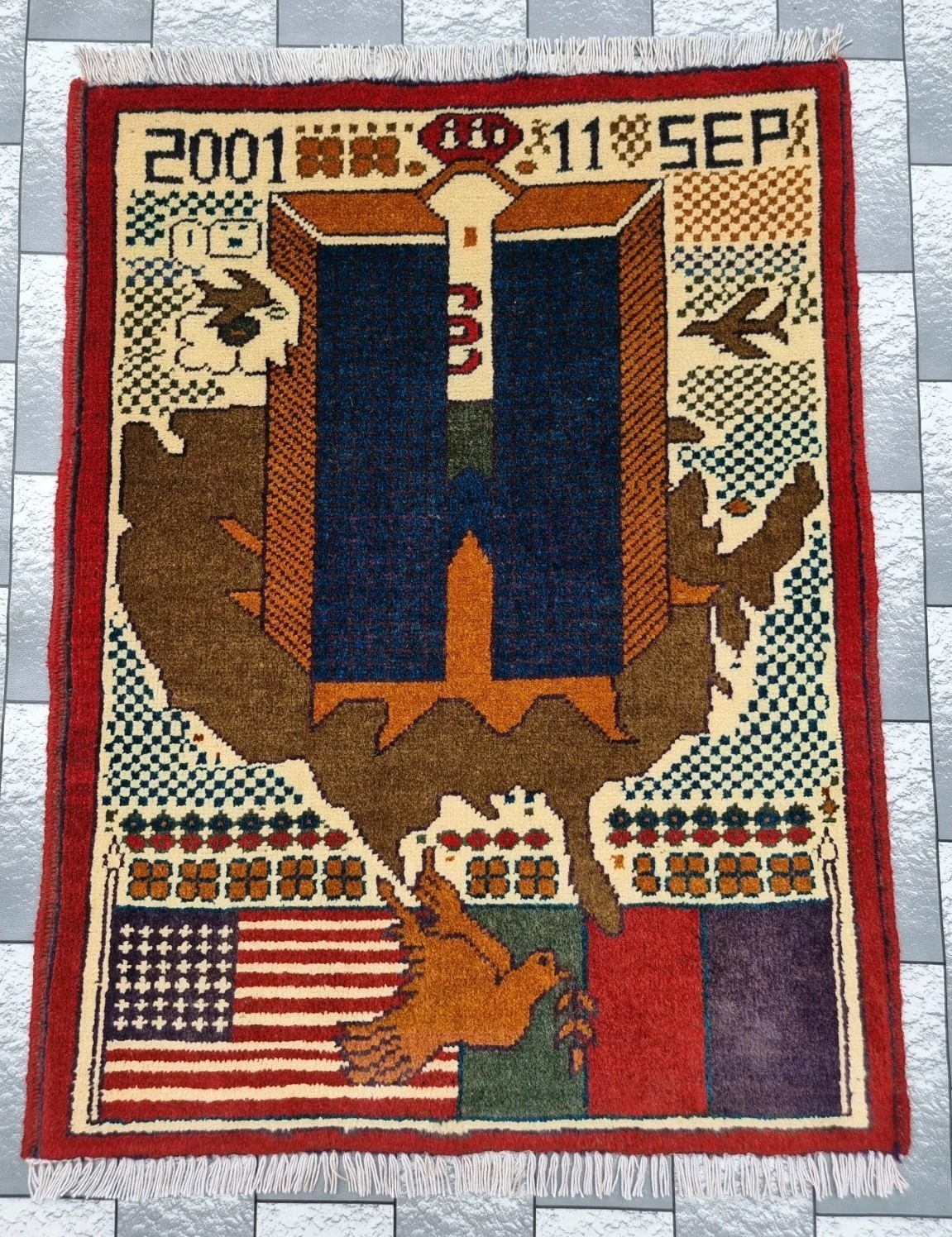 Handmade Afghan Vintage 9/11 War Design Rug Historical Rug Wool Area Rug