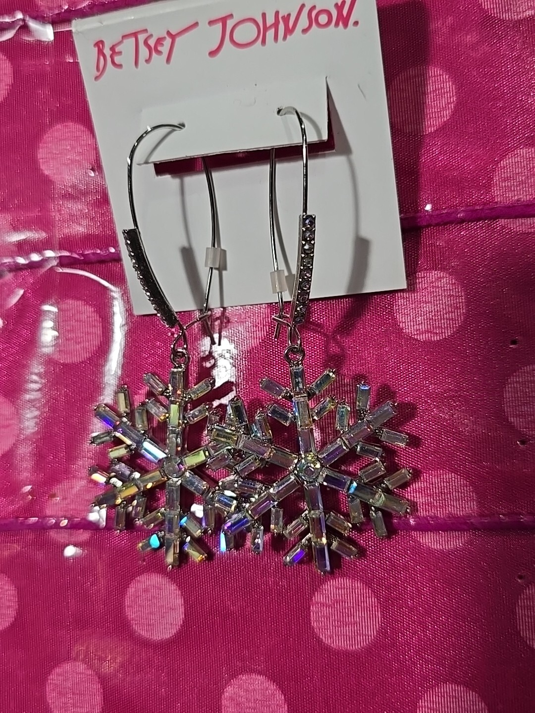 Betsey Johnson SilverTone Snowflake Drop Earrings Iridescent Crystal Accents NWT