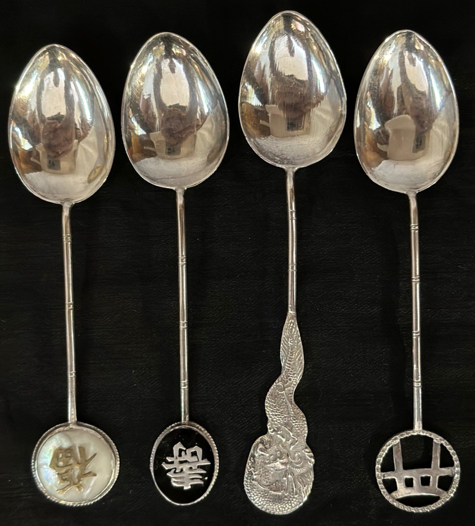 OLD CHINESE SOLID SILVER SPOONS WITH COOL HANDLES – SET OF 4