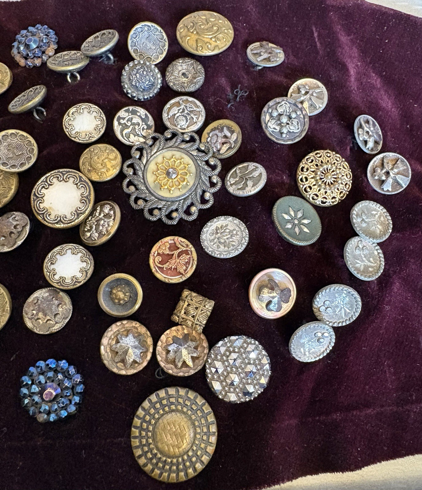 Antique Button Display Collection Mixed Metal Cut Steel 48P sewn on velvet scrap