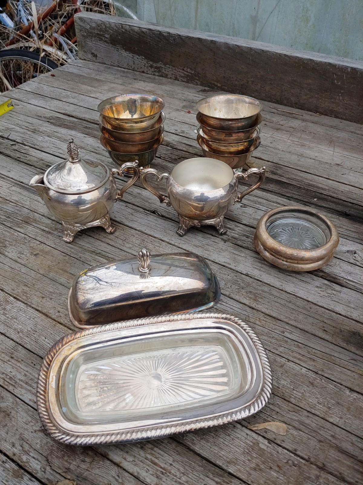 Antque Ornate Silver Plate Covered Butter Dish Bowls Trays 16 Piece Set