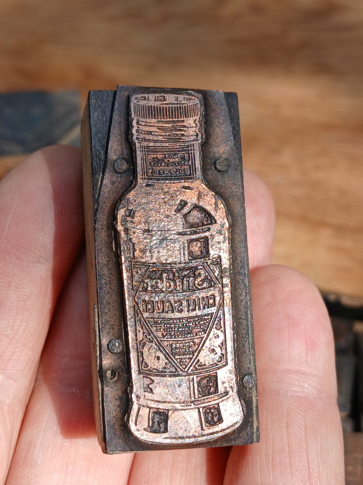 Vintage Copper Wood Printing Block Advertising Snibers Chili Sauce 2″ x 15/16″