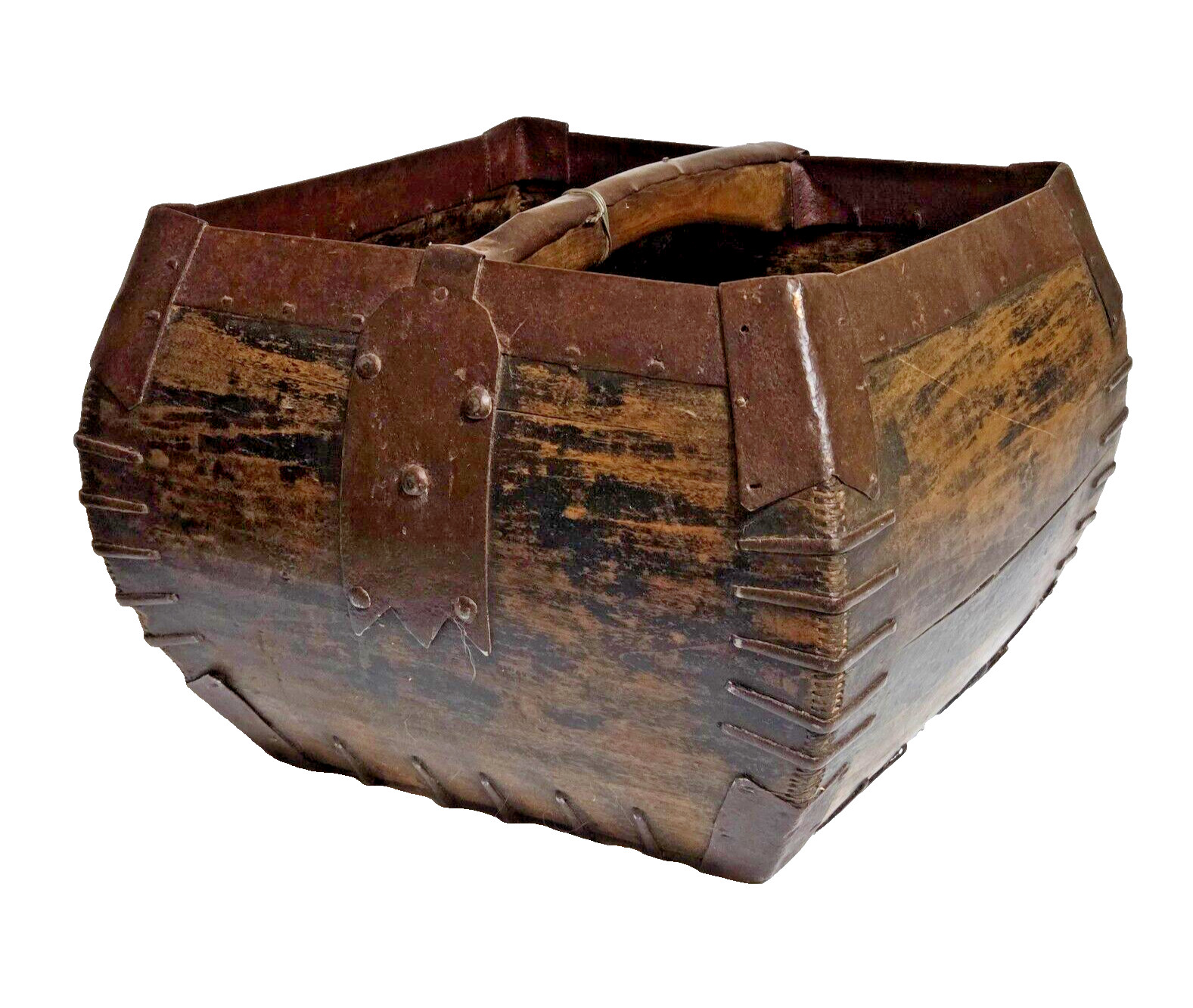 Antique CHINESE Oak Wooden/Metal Rice Bucket Square Primitive Ornate 12″