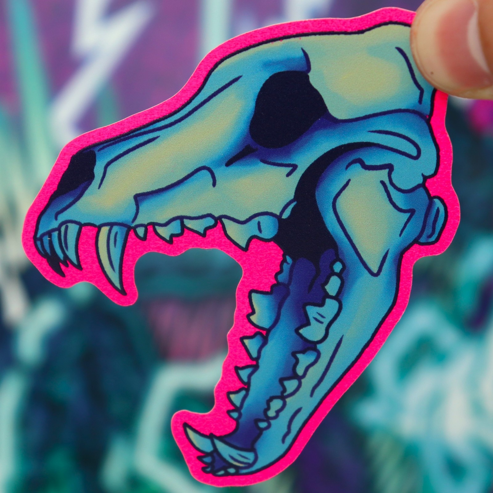 Neon Wolf Skull Vinyl Sticker (snail main, no tracking)
