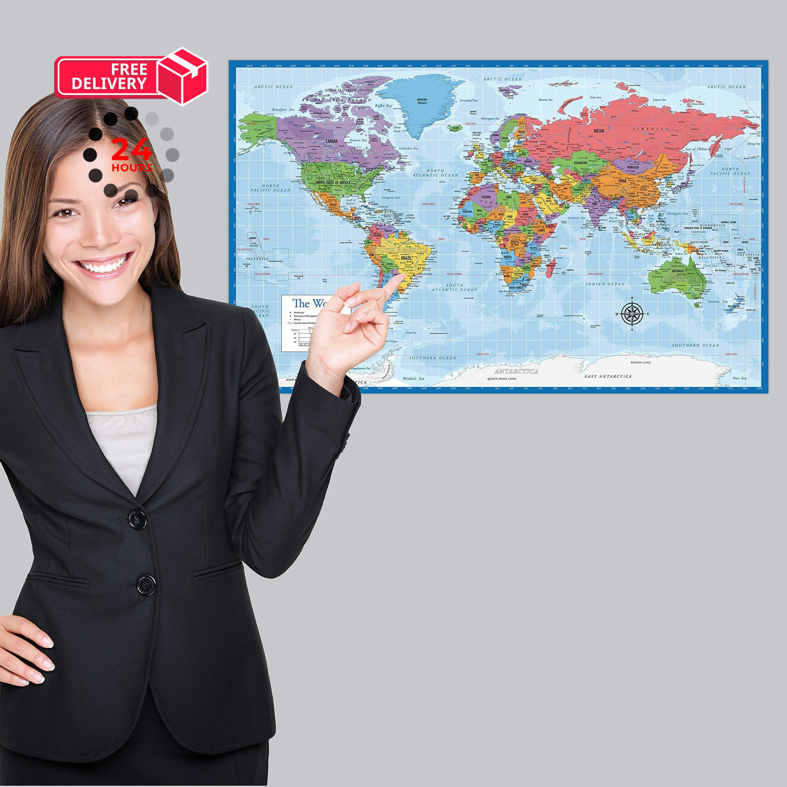 Laminated World Map & US Poster Set – 18″ x 29″ – x 29″, LAMINATED