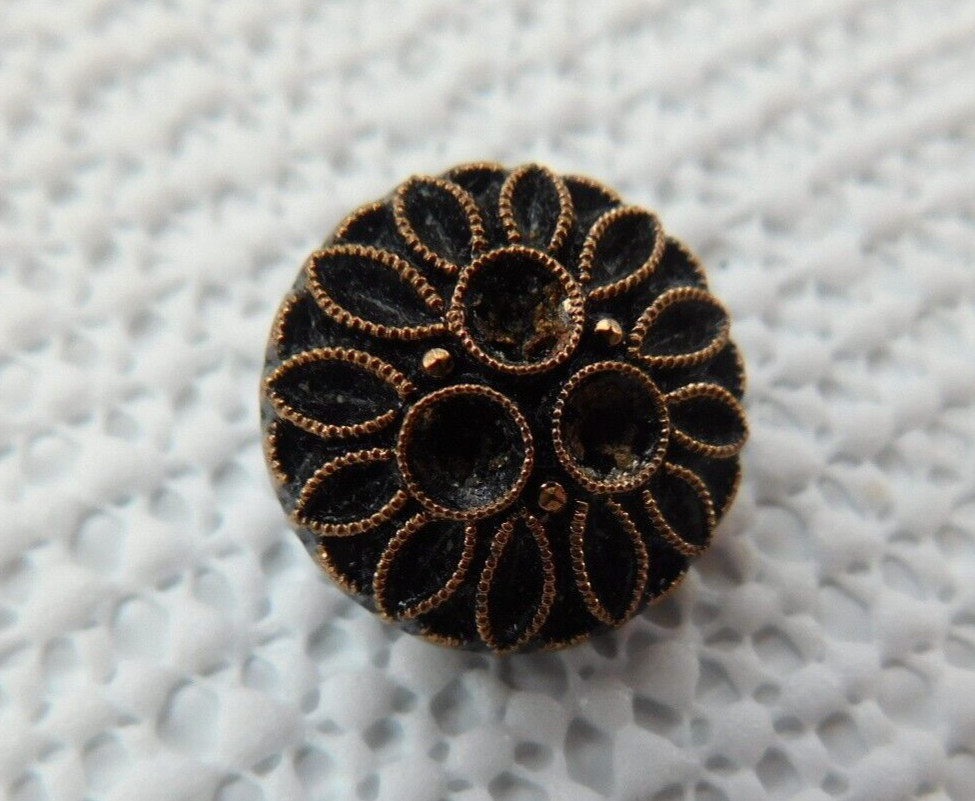 Vintage 5/8″ Black Glass Button with Gold Petals and Circles SB1