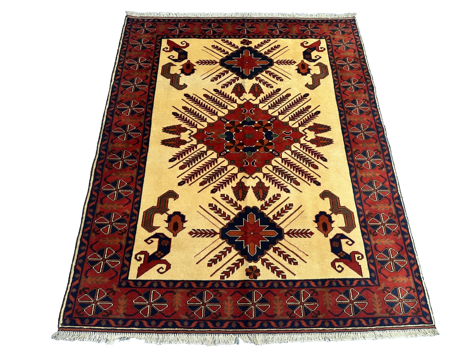 Karghai Afghan Nomad Rug 4’0 x 6’1 – Hand-Knotted Turkmen Tribal Red Cream Rug