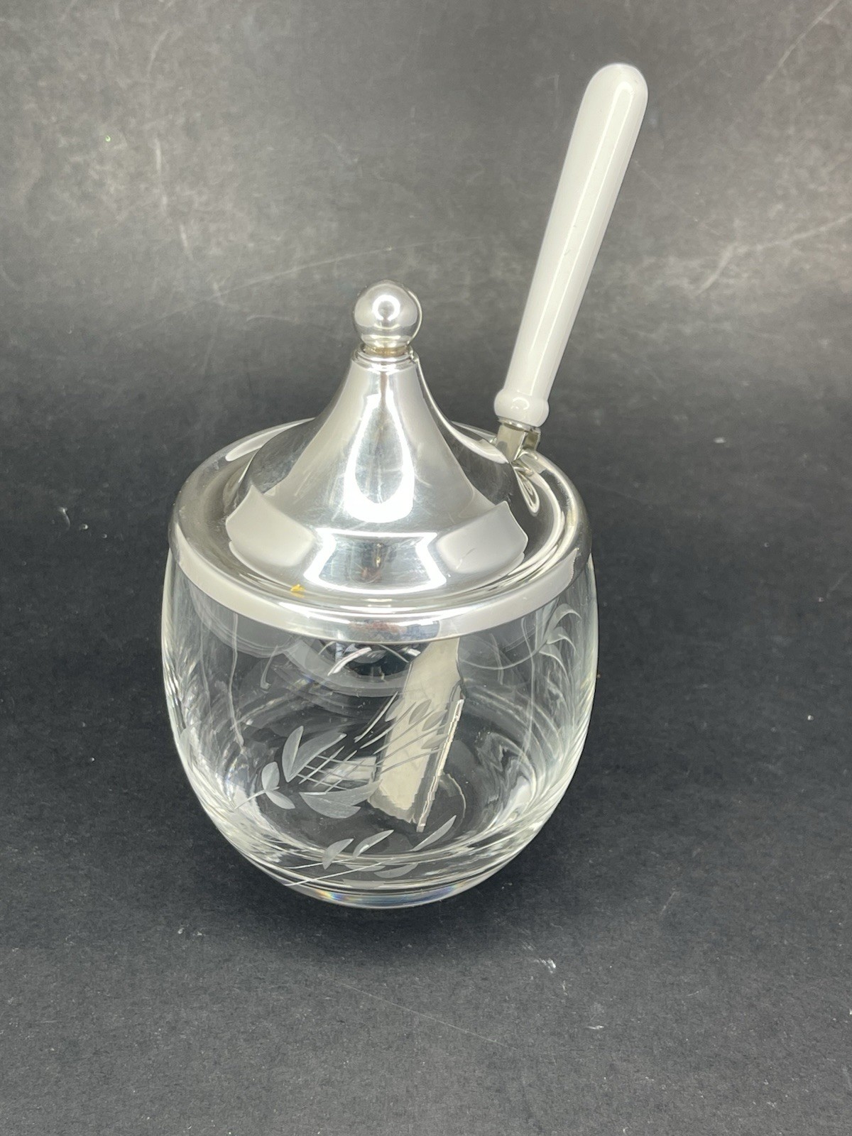 Sterling Lid Etched Glass Honey Pot Condiment Jam Jar & Stainless Honey Dipper