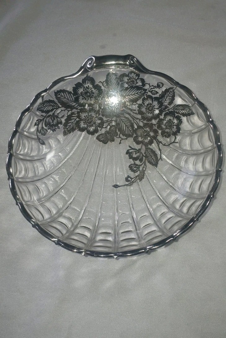 Vintage 1930s-1940s Shell Design Sterling Silver Overlay and Crystal Candy Dish