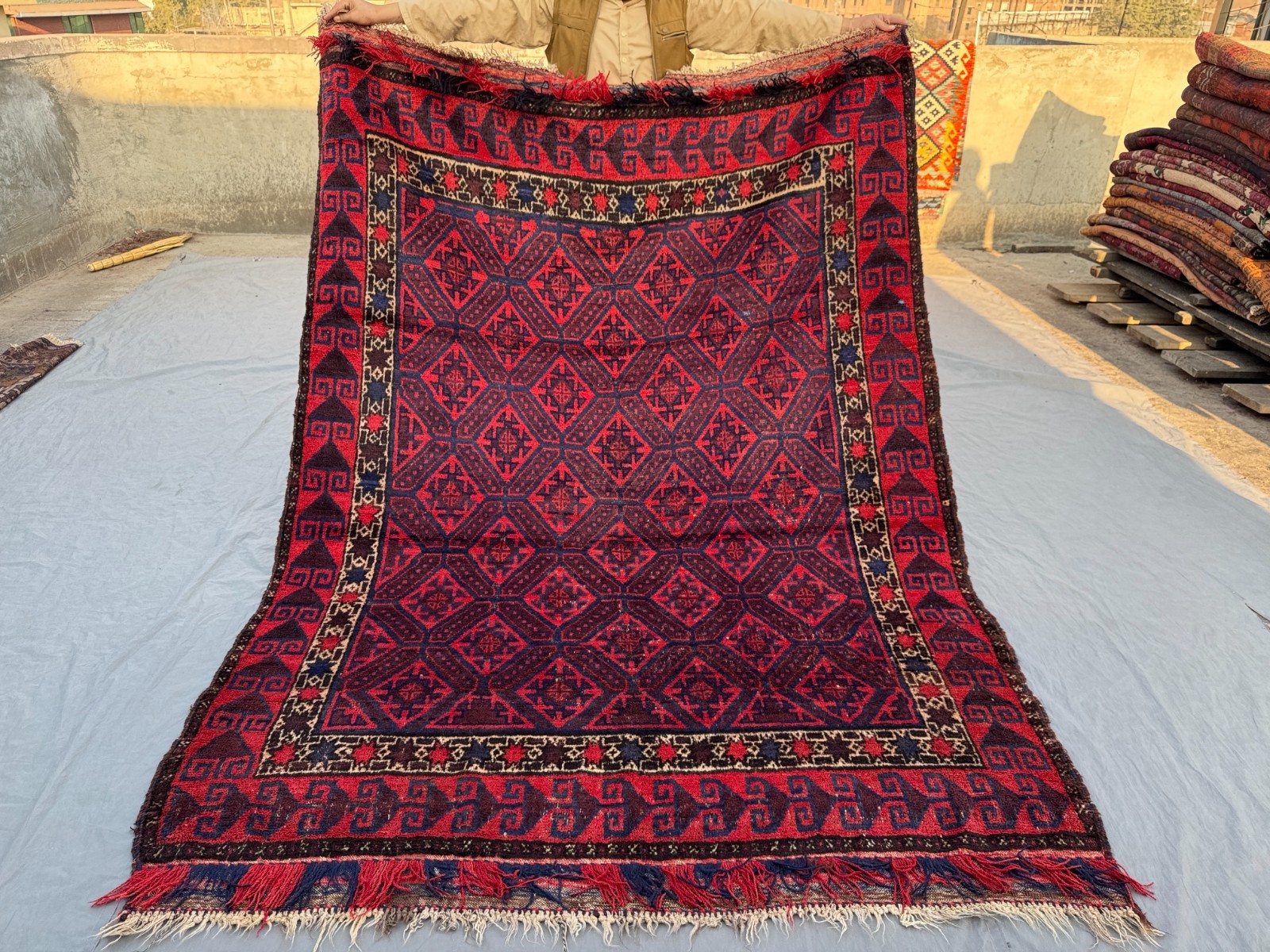 6×8 Red Blue Afghan Hand Knotted Wool Tribal Rug 6×8’3 Rare Geometric Design Rug