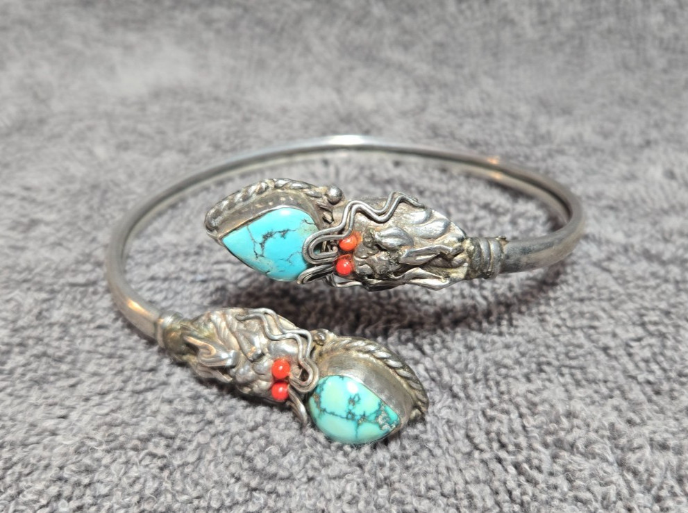 Vintage Tibetan Dragon Cuff/Bangle With Coral & Turquoise Stone **No Hallmarks**