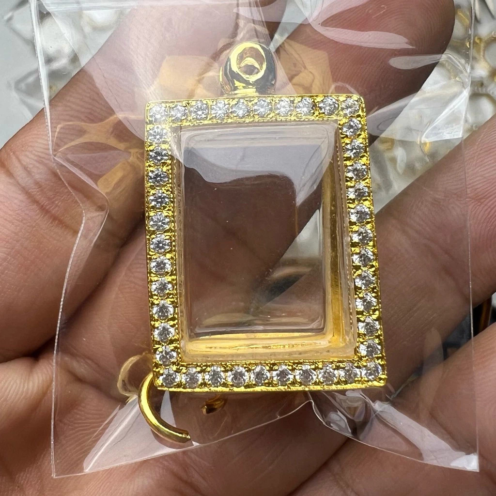 Thai Amulet Empty Frame Case Gold Micron Rectangular Pendant Size 2.6 x 1.8 cm
