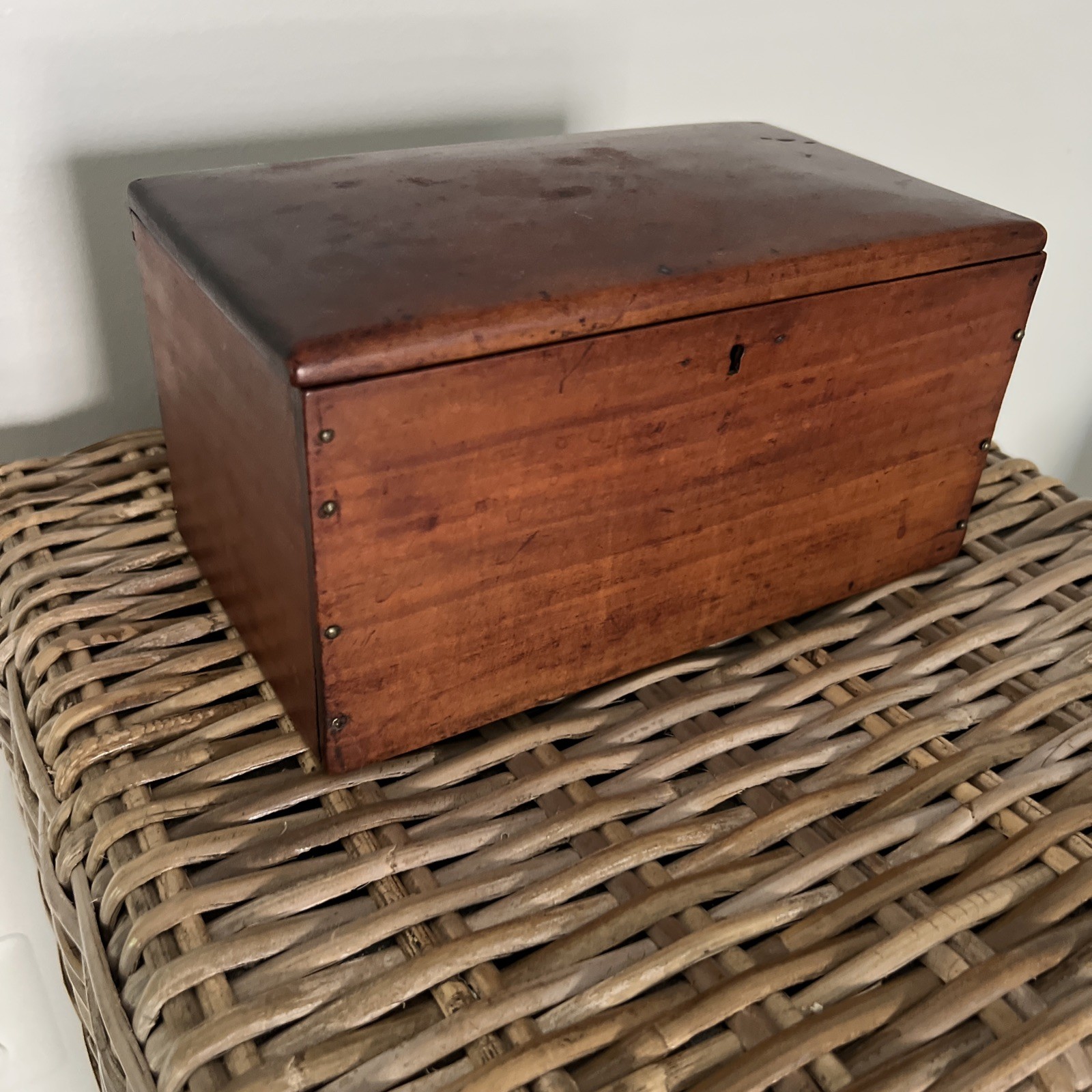 Antique Wooden Tea Caddy. 9” wide, 5-1/4” deep, 4-1/2” high
