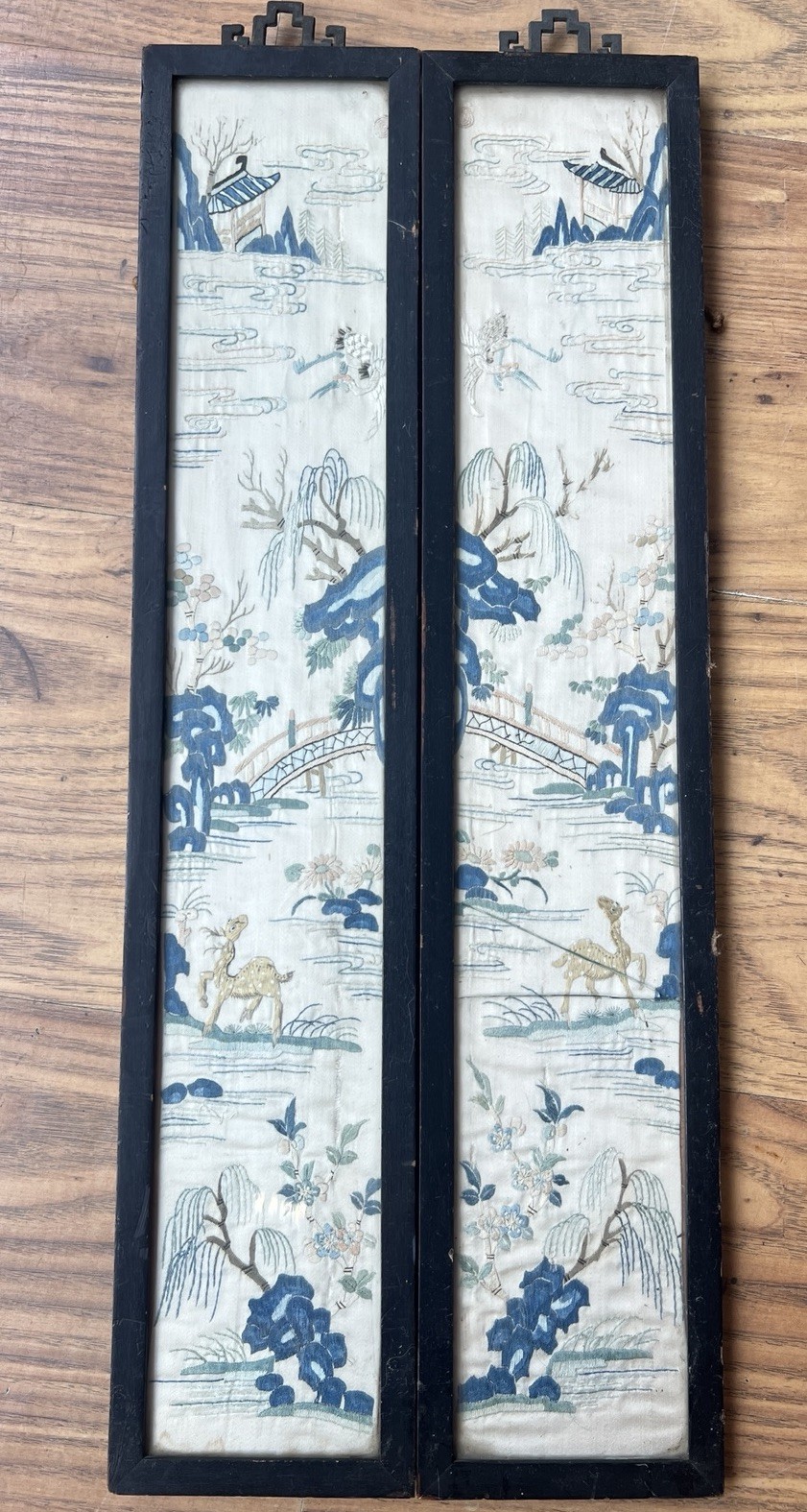 Pair Chinese Suzhou Silk Embroidery Panels, Crane & Deer, Late Qing, Framed