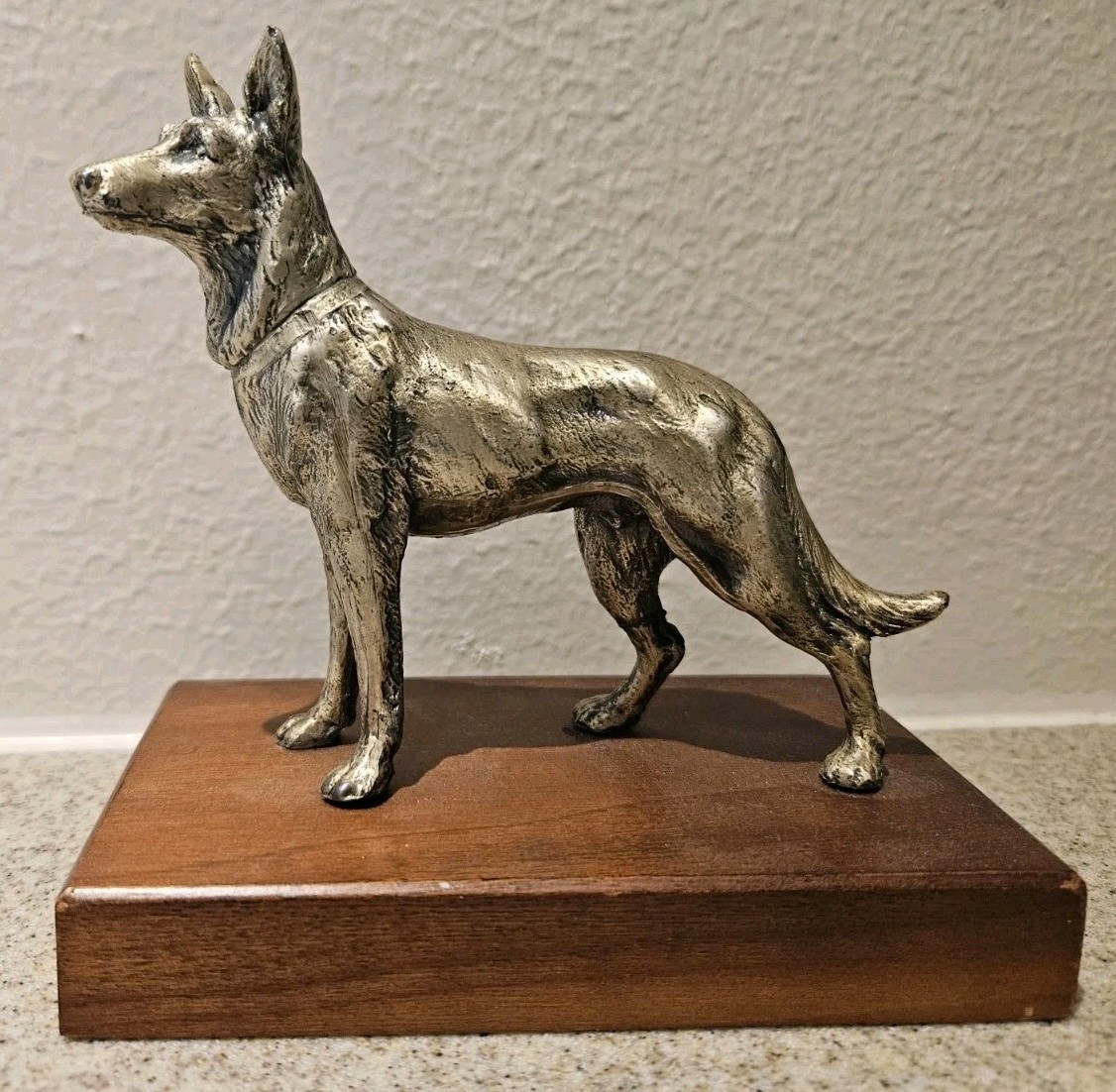 Vtg Metal Weidlich Bros German Shepherd Belgian Malinois Dog Figurine Wood Base