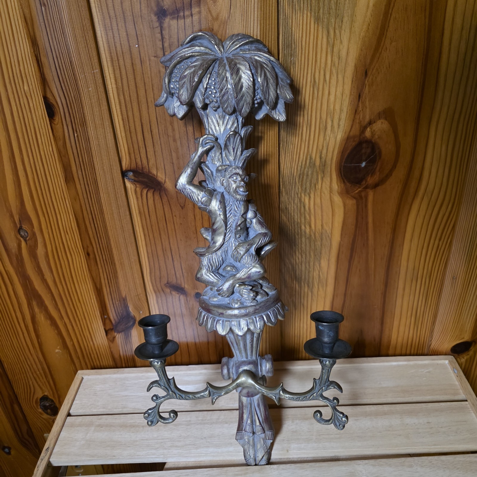 Monkey Palm Tree Double Sconce Gold MCM Hollywood Regency Chinoiserie Baroque