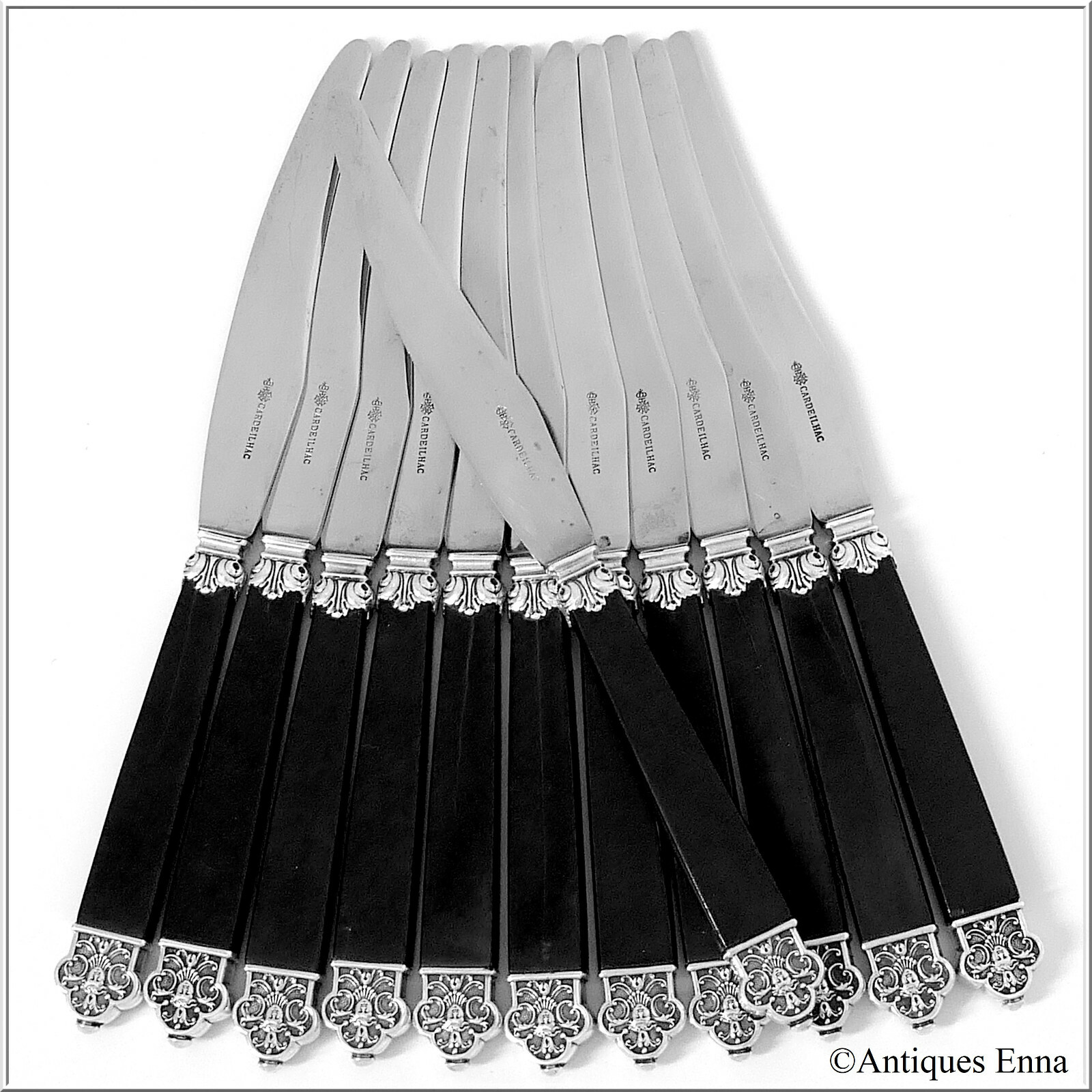 Cardeilhac Masterpiece French Sterling Silver Ebony Knife Set 12 Pc, Renaissance