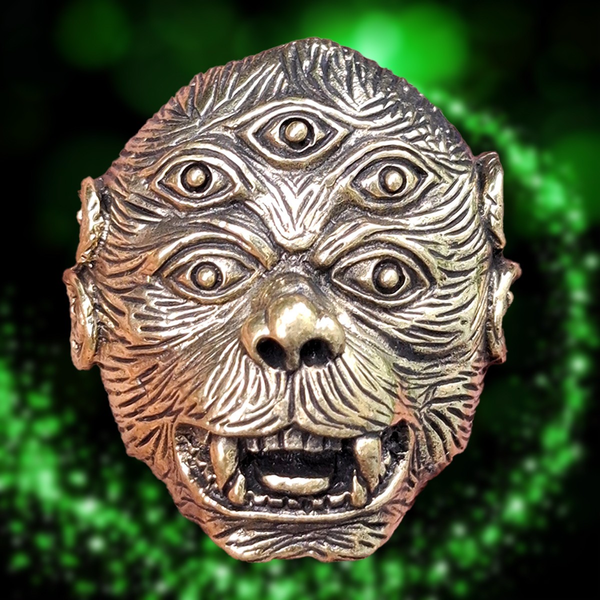 Brass Monster MONKEY KING 4 Ear 5 Eye Thai Amulet Wealth Magic Holy Talisman FS
