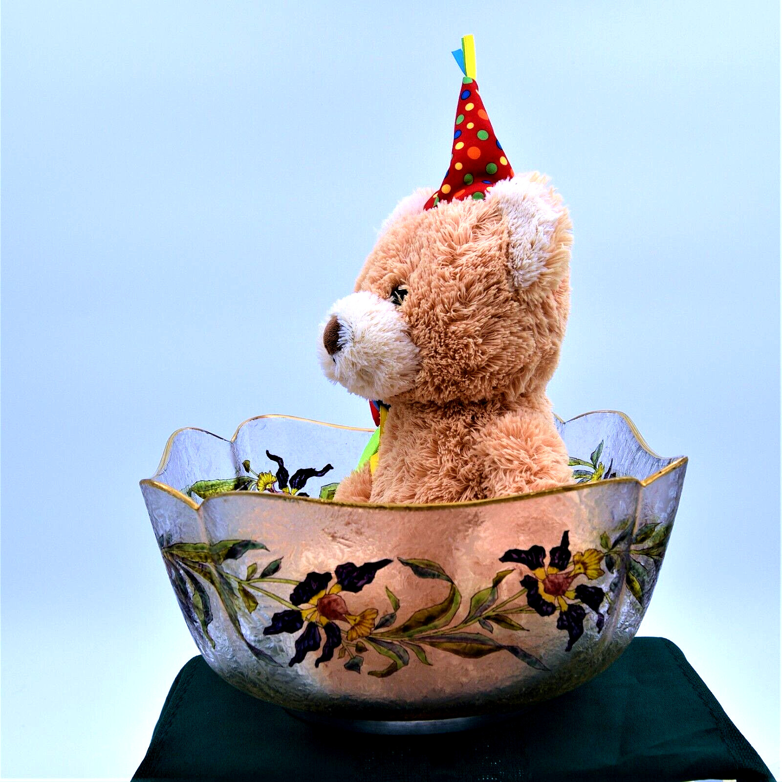 Quality Antique square frosted bowl with enameled flowers, leaves and stems.