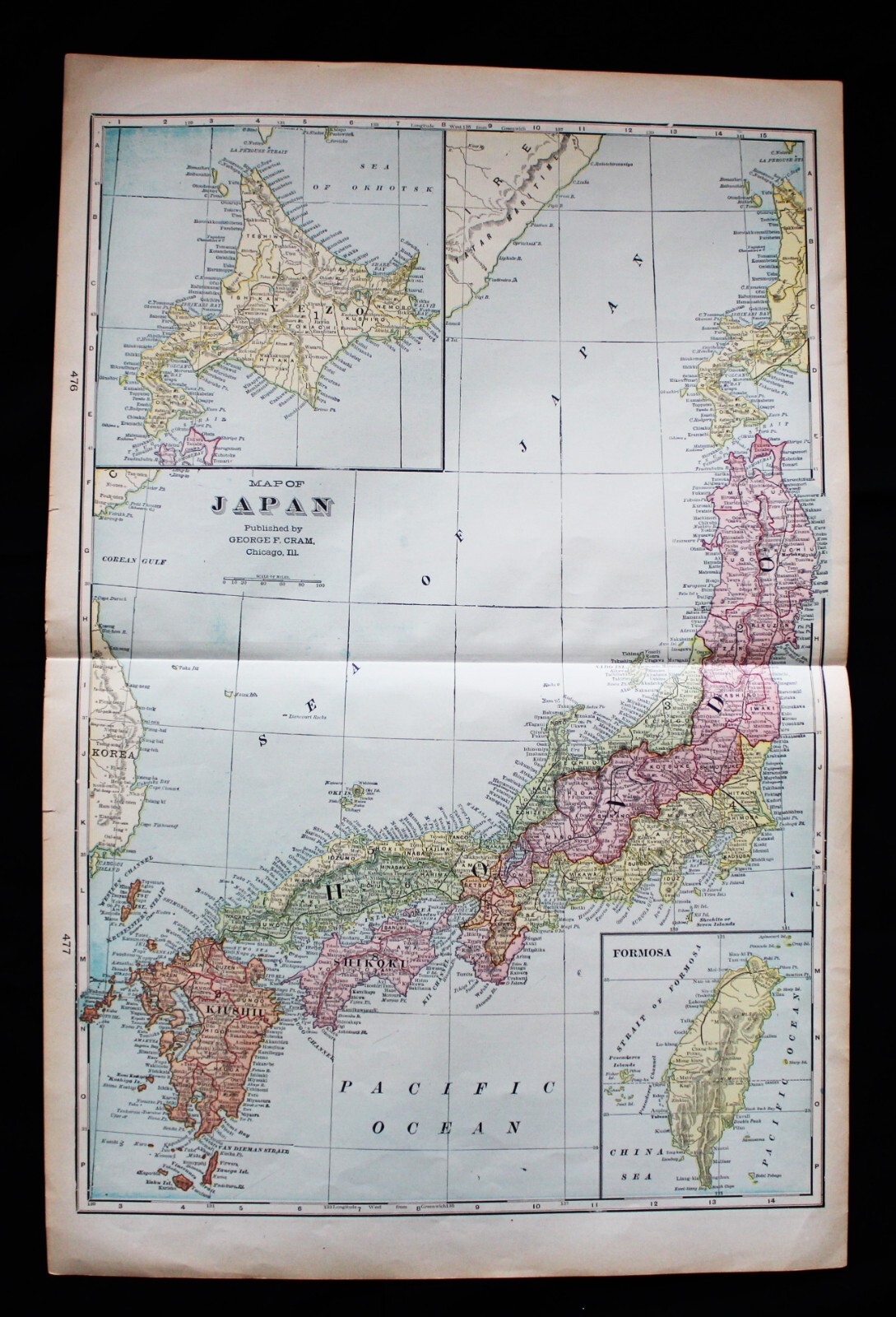 JAPAN ATLAS MAP PAGE PLATE 1908 GEORGE F. CRAM PUBLISHER VINTAGE