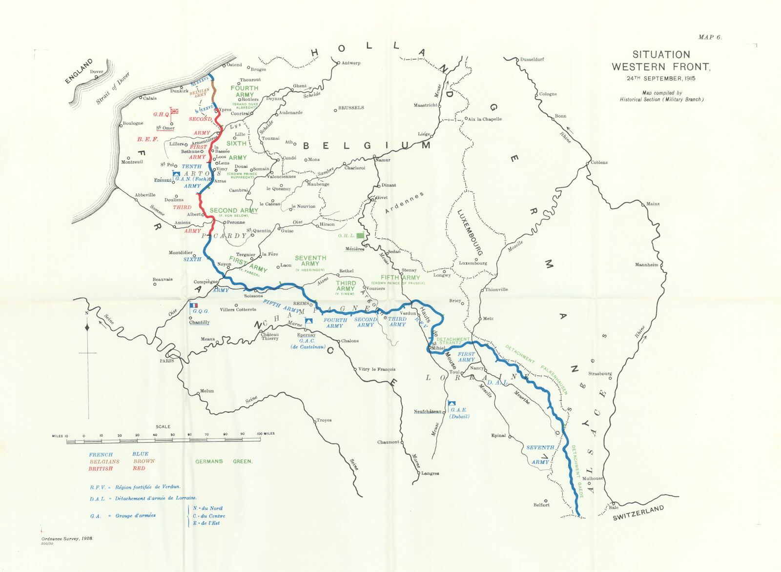 Situation Western Front 24th September 1915. First World War. 1927 old map