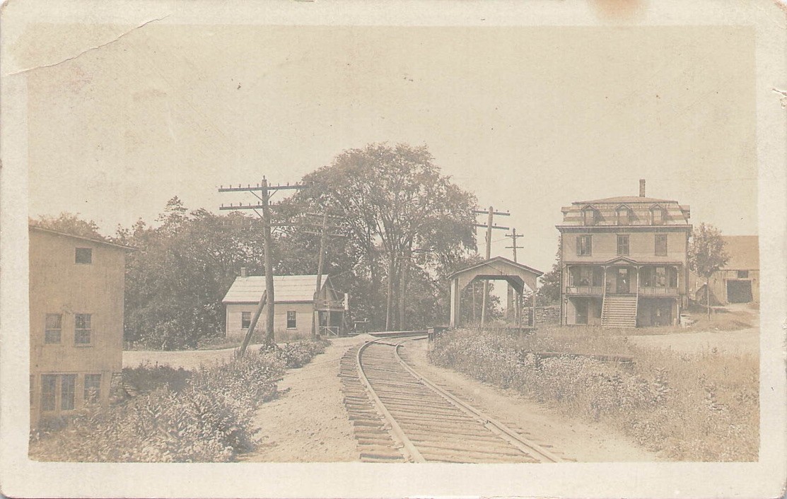Antique Postcard Railroad Tracks Covered Bridge Large House Elyria Ohio 1900s