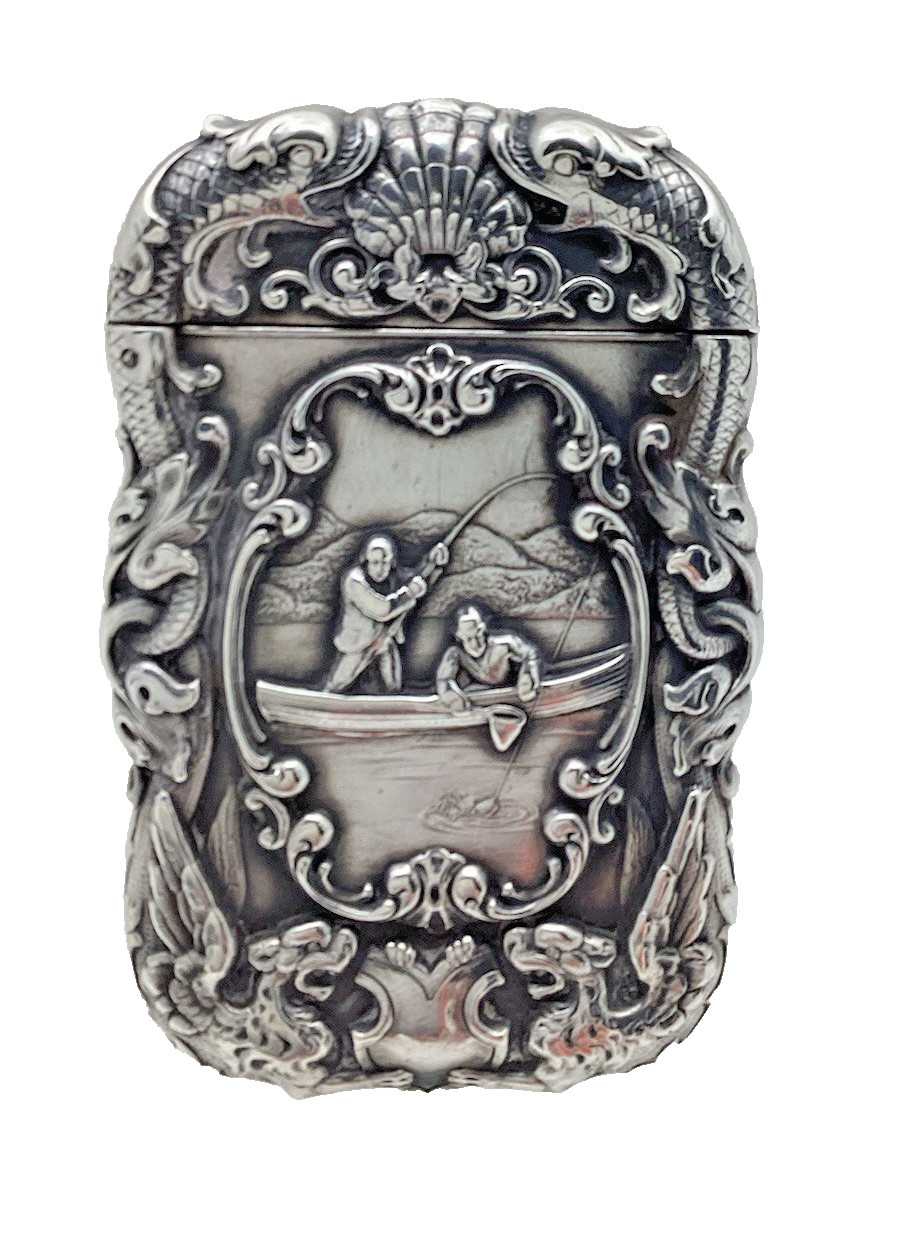 C 1890 Sterling Silver Men Fishing GRIFFONS FISH Match Safe Vesta