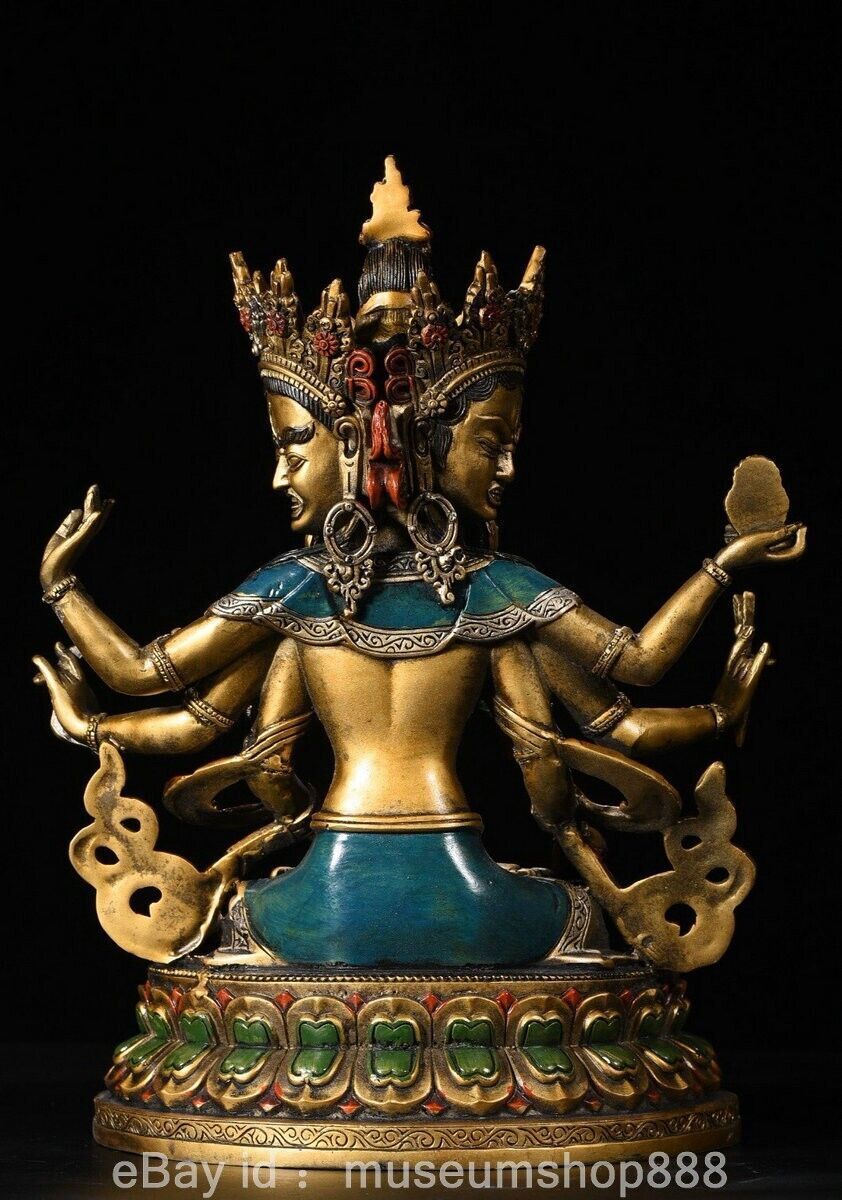 12″ Old Chinese Bronze Paintings Buddhism 3 Head 6 Arms Namgyalma Sculpture