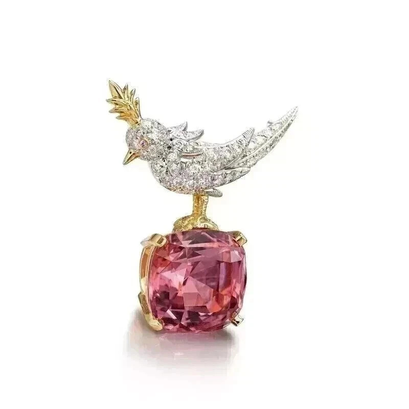 5.00CT Cushion Cut 14K Two Tone Gold Finish Pink Ruby Bird Brooch Pin