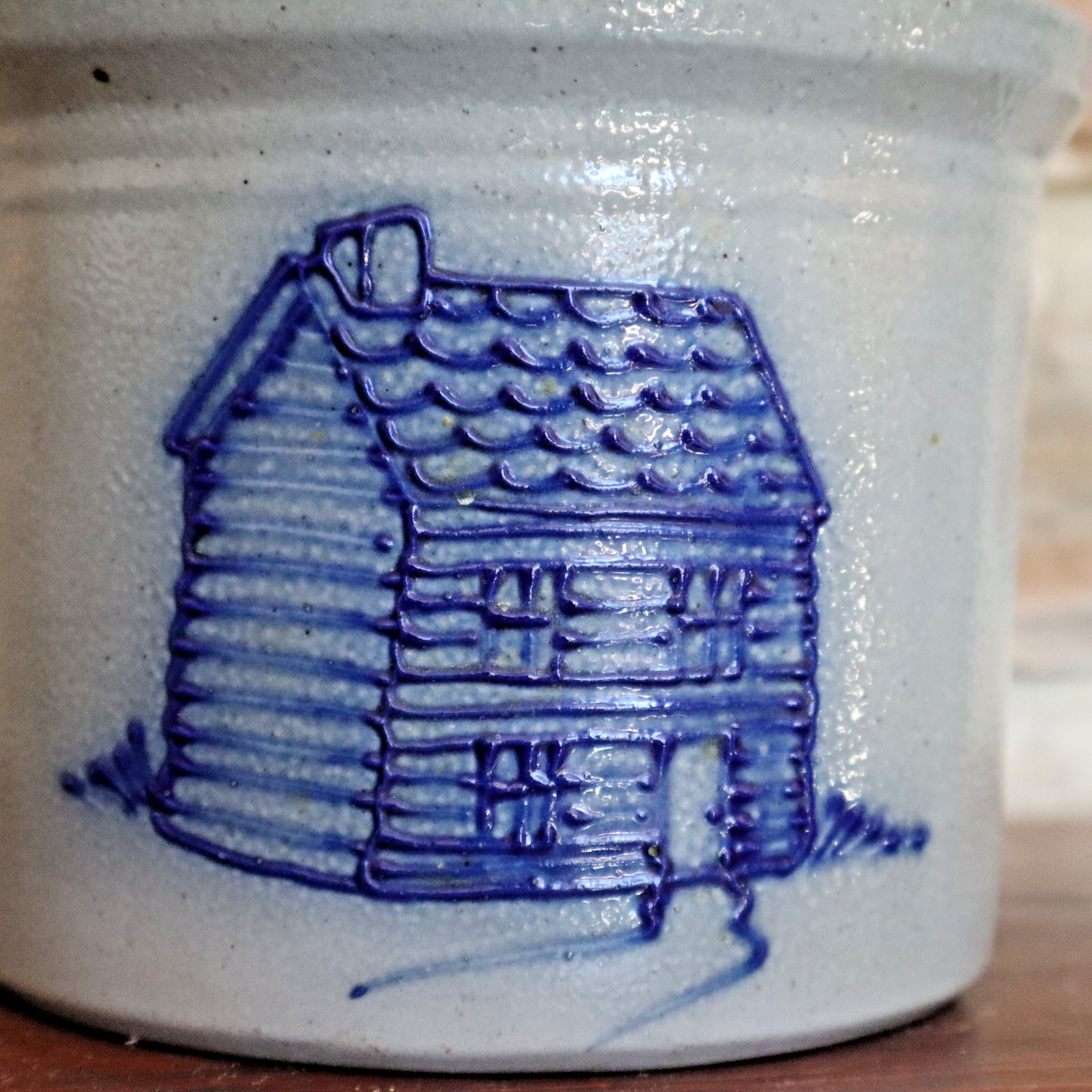 David Eldreth salt glazed pottery cobalt blue log cabin CROCK vtg 2000 folk art