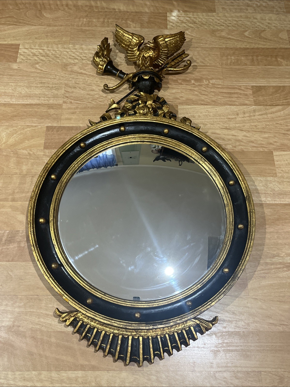ANTIQUE 19Th Century FEDERAL EAGLE, ARROW, TORCH CONVEX WOODEN WALL MIRROR 49” T