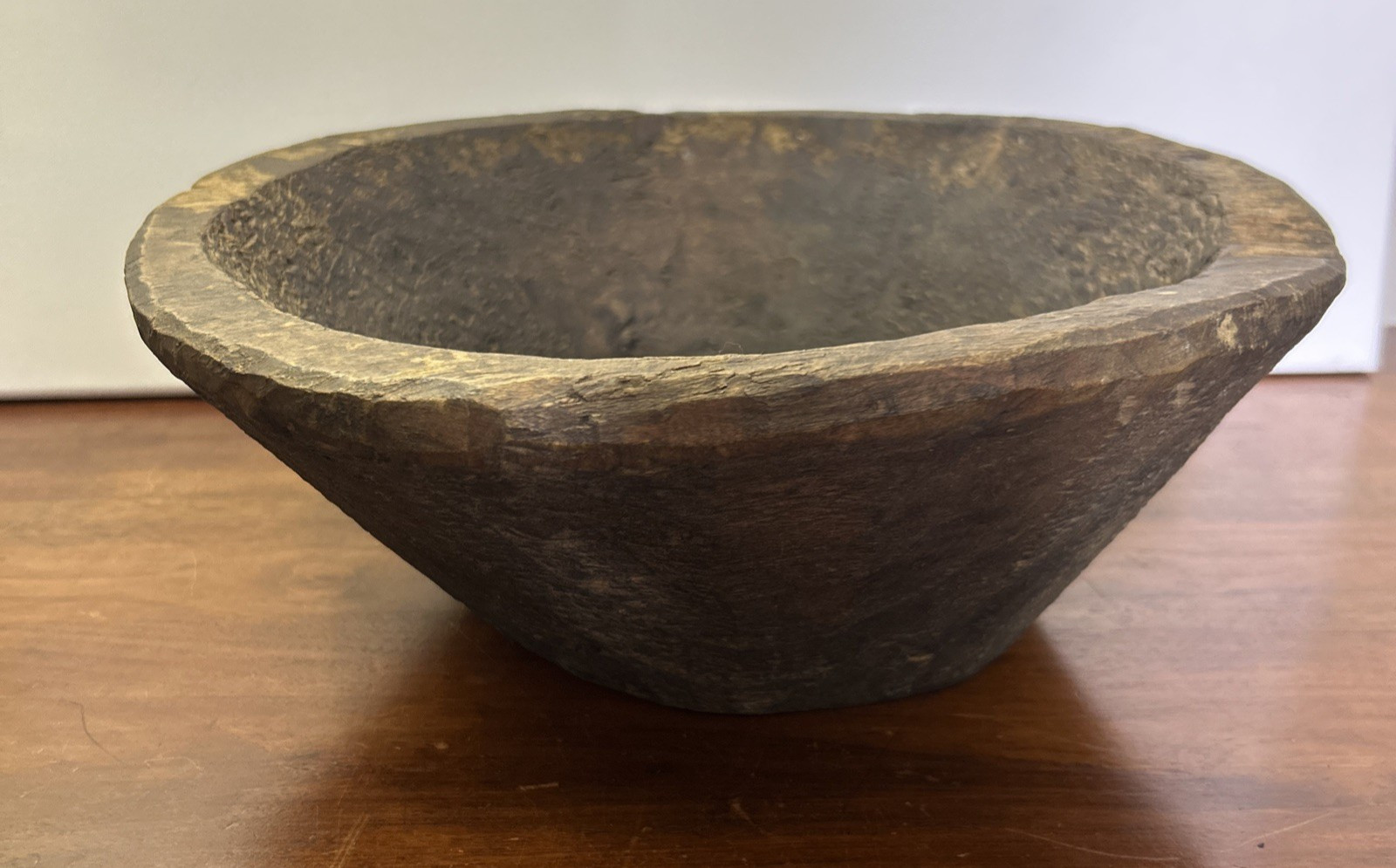Antique Primitive Hand Carved Wood Bowl Rustic Dark Tone 4.5″ x 12.5″ Natural