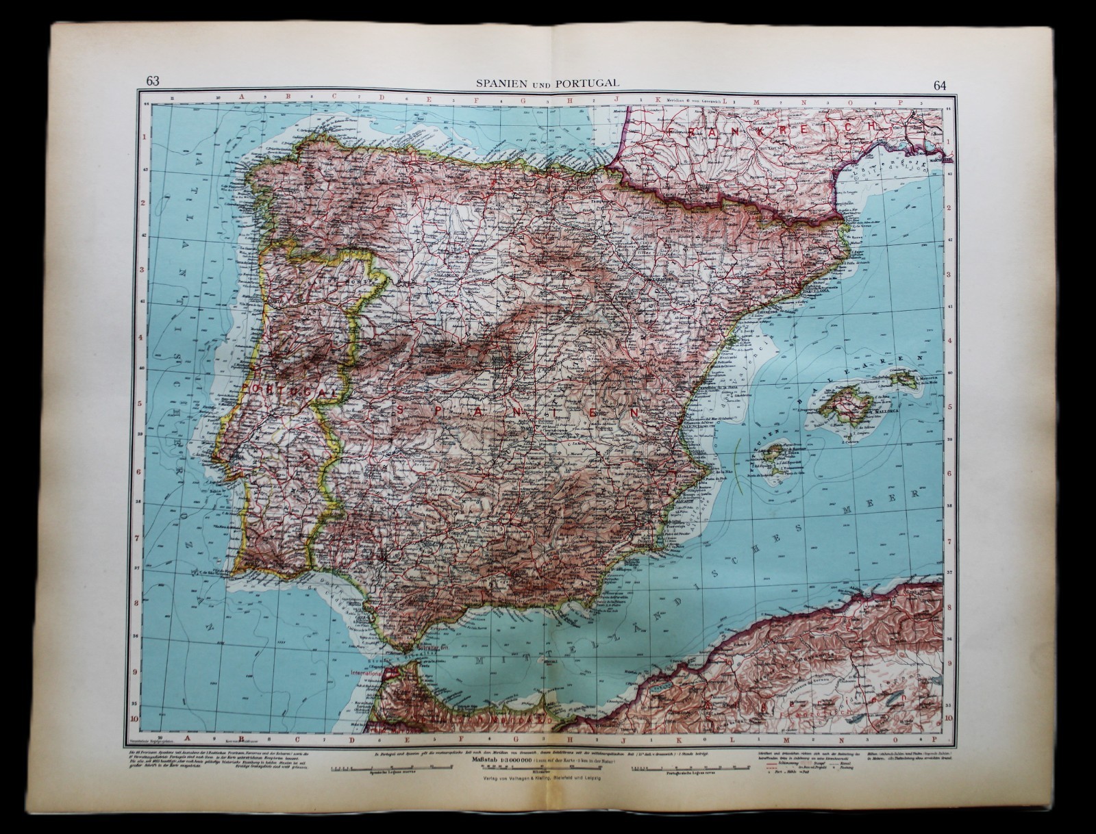 ANDREES HAND ATLAS MAP PLATE PAGE NO.63-64 SPAIN & PORTUGAL 1937 VINTAGE