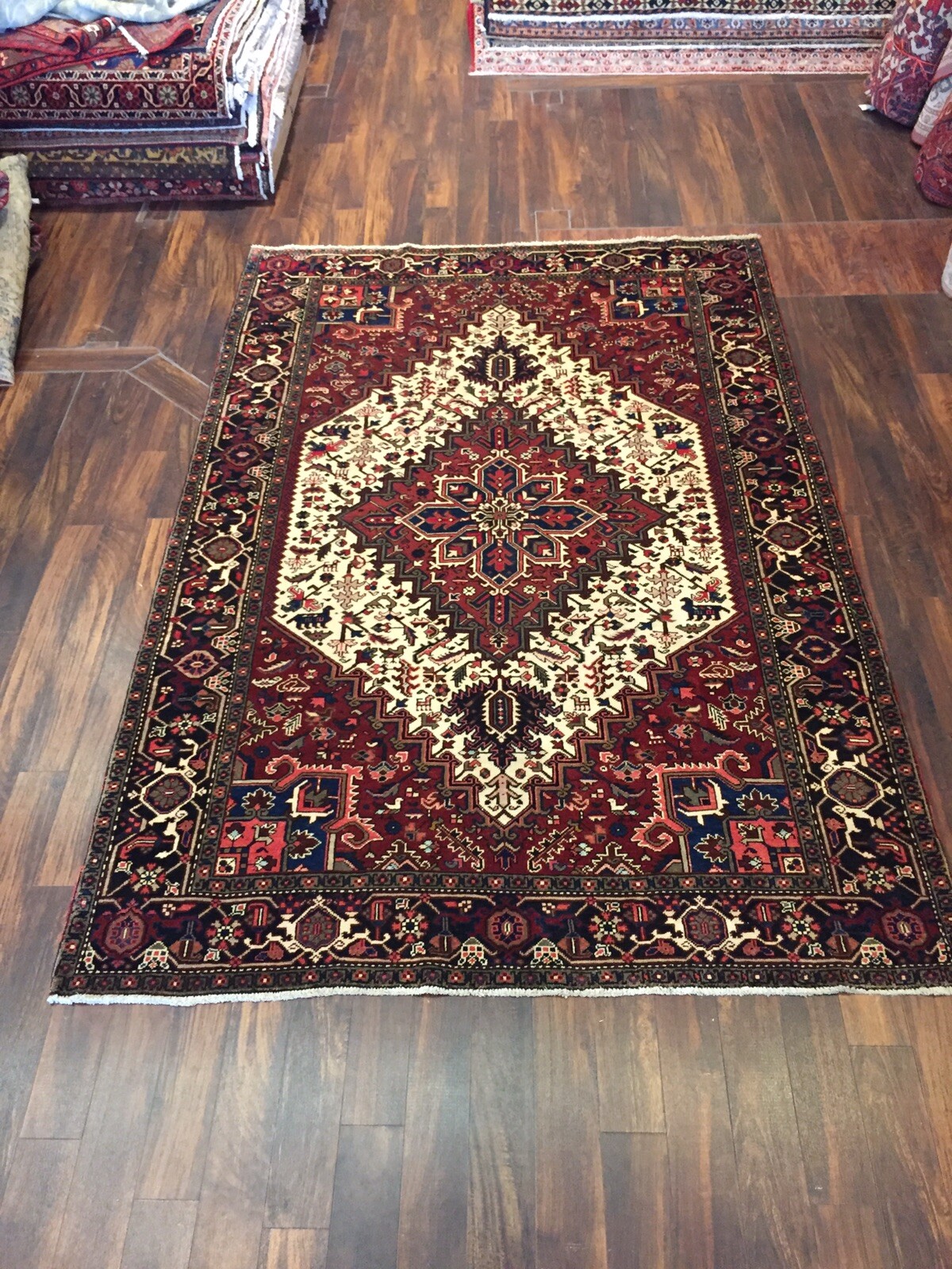 Genuine Hand Knotted Vintage Heriz Serapi Area Rug Geometric Carpet 6’6×9’9,317