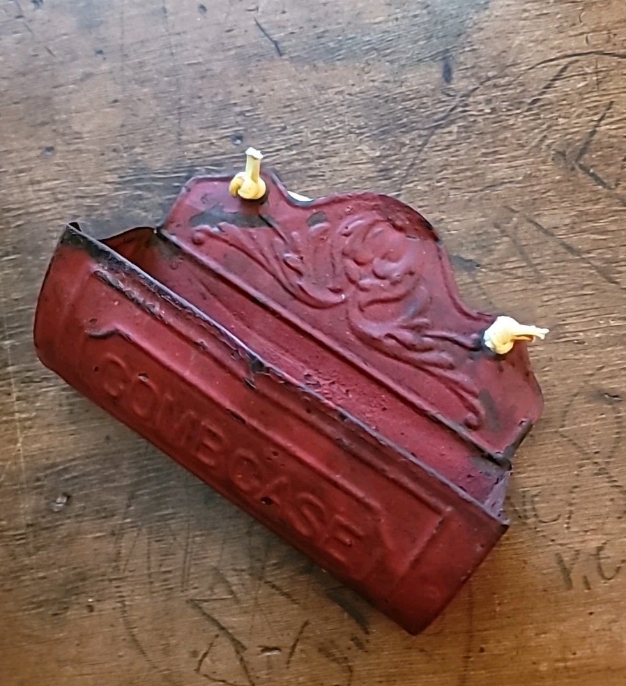 Antique Tin Box Comb Case Wall Original Red Paint Fabulous Patina 7×6″