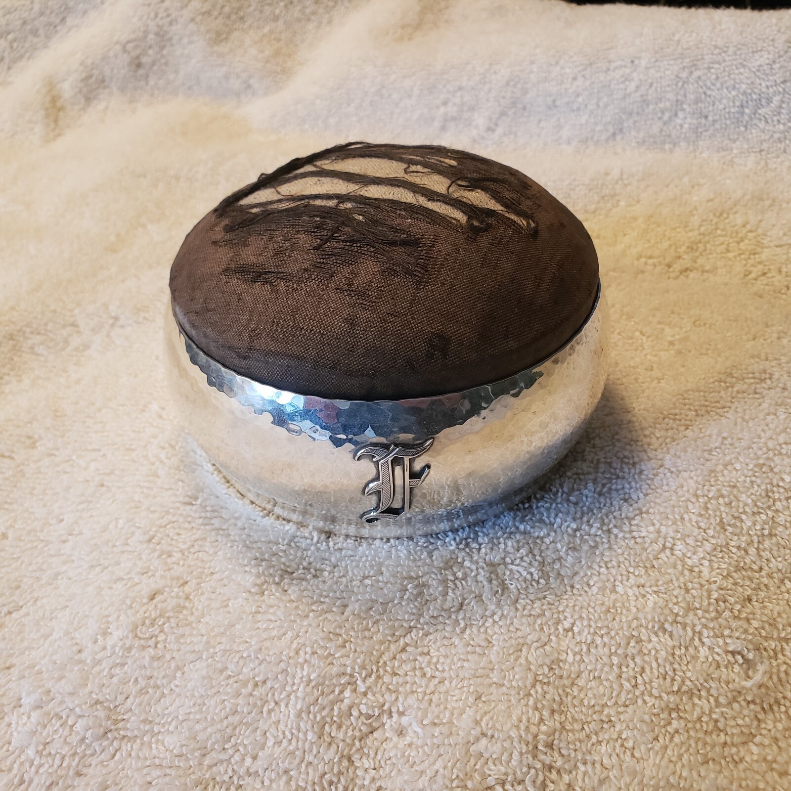 SHREVE Hammered Arts & Crafts Sterling Silver PIN CUSHION HOLDER Applied F Mono