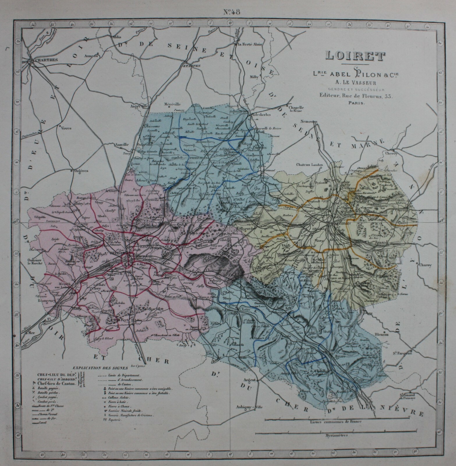LOIRET, ORLEANS, FRANCE, original antique map, Lorsignol, Le Vasseur, 1877
