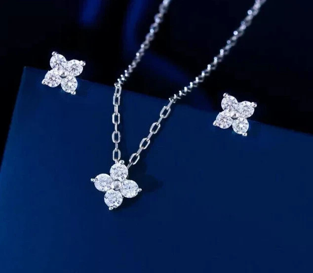 14K White Gold Plated Round Cut Lab Created Diamond Wedding Flower Jewelry Set