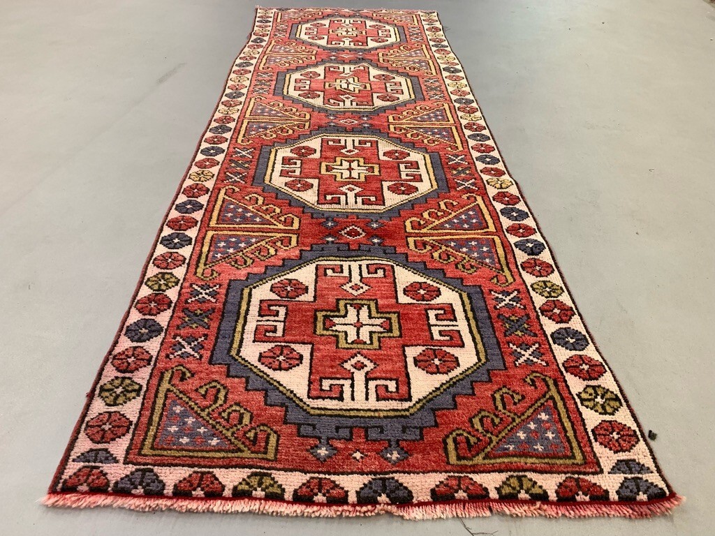 Vintage Turkish Runner 235×80 cm Kazak Rug, Terracotta Red, Beige Blue
